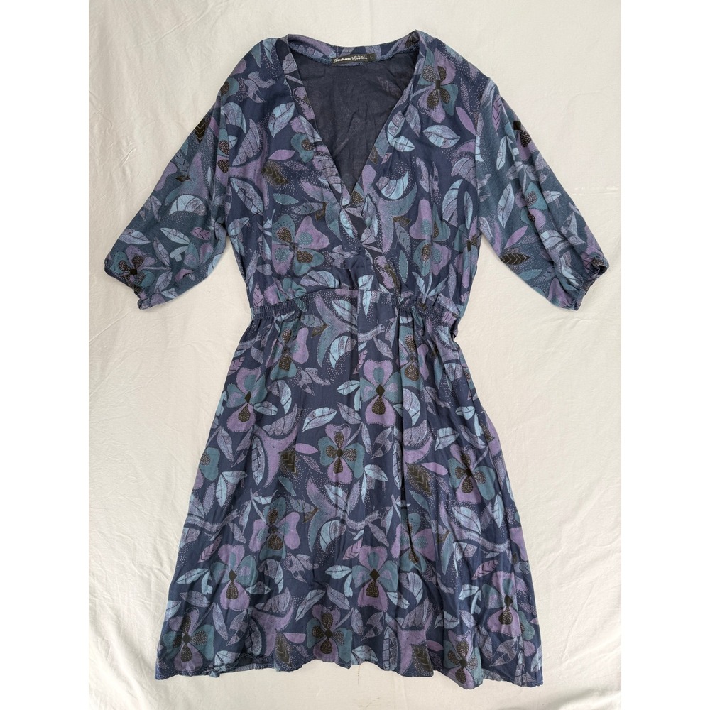 Gudrun Sjoden Floral Cotton Lyocell Surplice Midi Dress Blue Purple Large